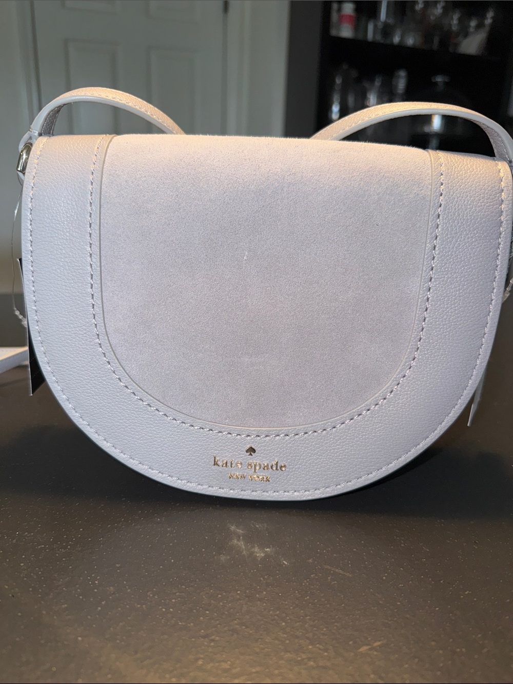 kate spade silver/light grey Suede & Leather crescent Crossbody Saddle Bag New